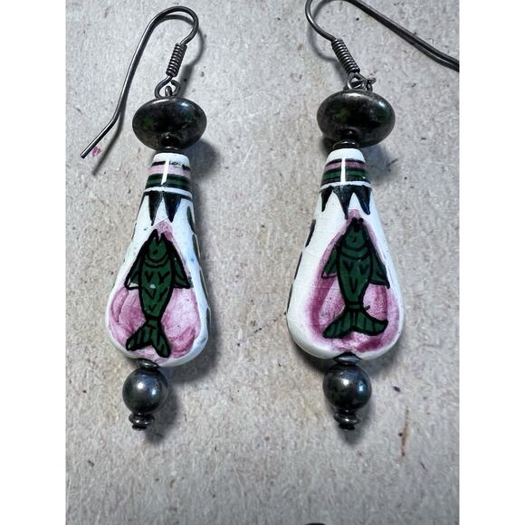 VTG 90s 925 Silver Hand Painted Fish Tribal Drop Earrings Fertility Luck Protect - Picture 2 of 9